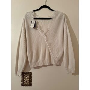 Hollister White Lace Trim Surplice V-Neck Ribbed Knit Sweater Medium NEW